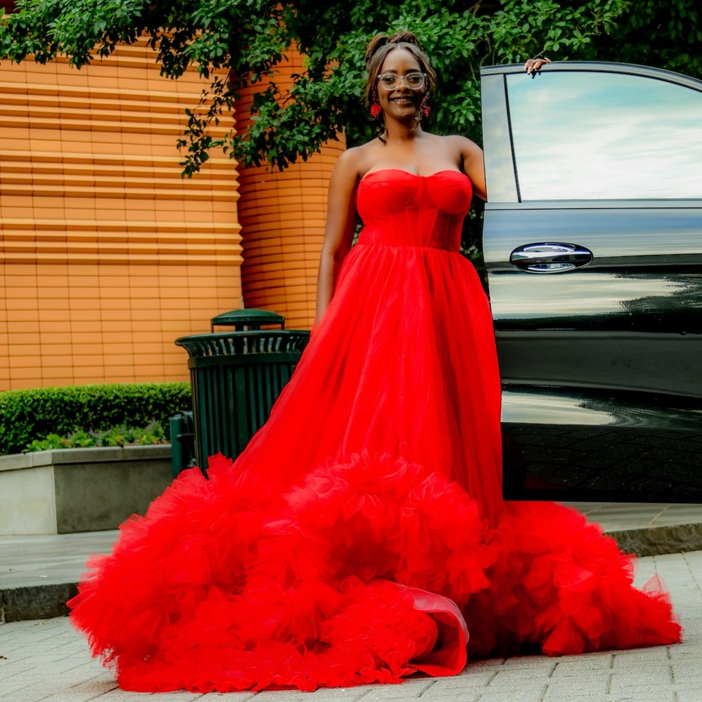 Tarik Ediz Red Strapless Ruffled Gown - Picture 5 of 5